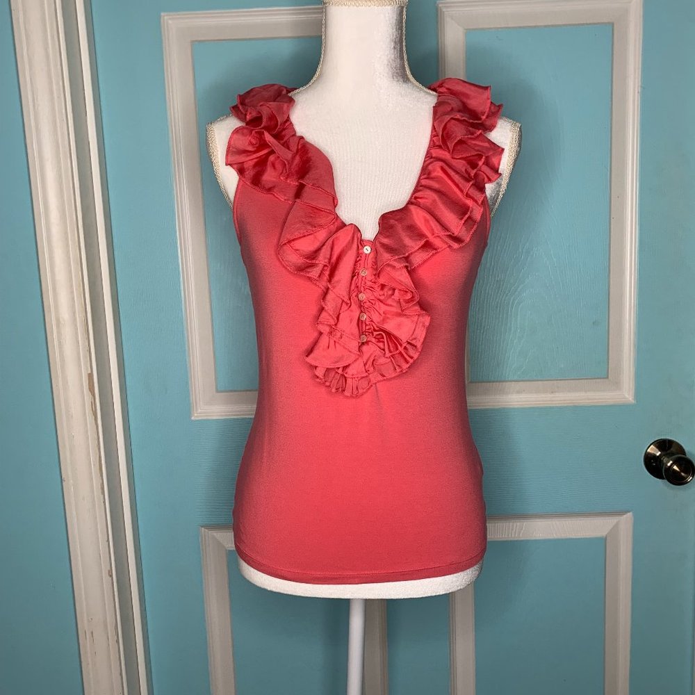 Lauren Ralph Lauren Women's Sleeveless Ruffle Shirt Top Coral Medium